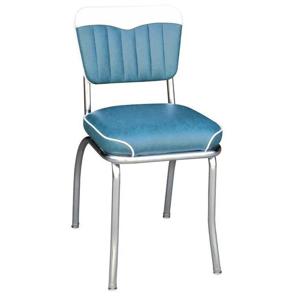 Front view of Chevy-style retro diner chair in colors teal and white with six-channel backrest and chrome frame for restaurants and cafés.