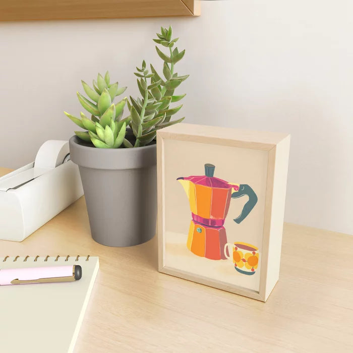 Coffee Break Mini Art Print displayed on desk and shelf with coffee accessories and modern minimalist décor.