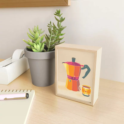 Coffee Break Mini Art Print displayed on desk and shelf with coffee accessories and modern minimalist décor.
