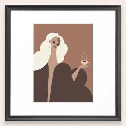 Coffee Hour Art Print by Maritza Lisa in sleek black frame, perfect wall décor for coffee shops, restaurants, and boutique hotel interiors.