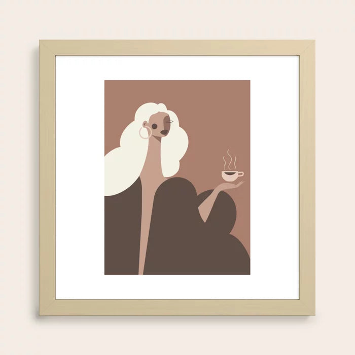 Coffee Hour Art Print by Maritza Lisa in natural maple frame, featuring light wood tones that complement modern café and hotel interiors.