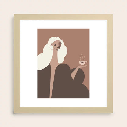 Coffee Hour Art Print by Maritza Lisa in natural maple frame, featuring light wood tones that complement modern café and hotel interiors.