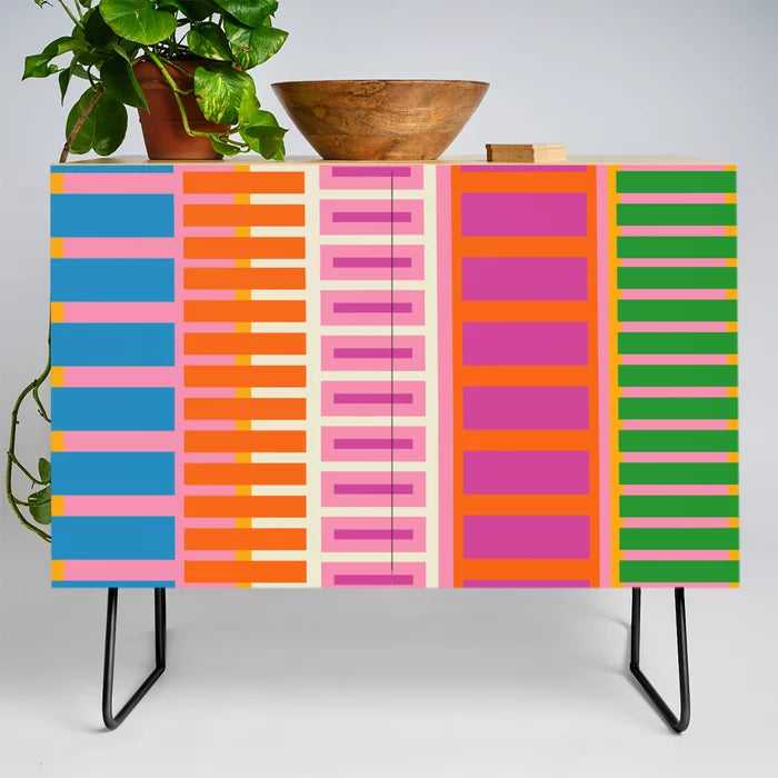 Colorful Block Stripe Condiment Bar by Kierkegaard Design Studio with black steel legs – retro-inspired geometric design perfect for restaurant condiment stations and boutique hotel interiors