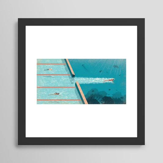 Comfort Zone art print in black frame, contemporary décor for restaurants, hotel rooms, lounges, and cafés