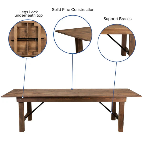 Commercial farmhouse-style table set for cafés, restaurants, and event spaces with construction specifications
