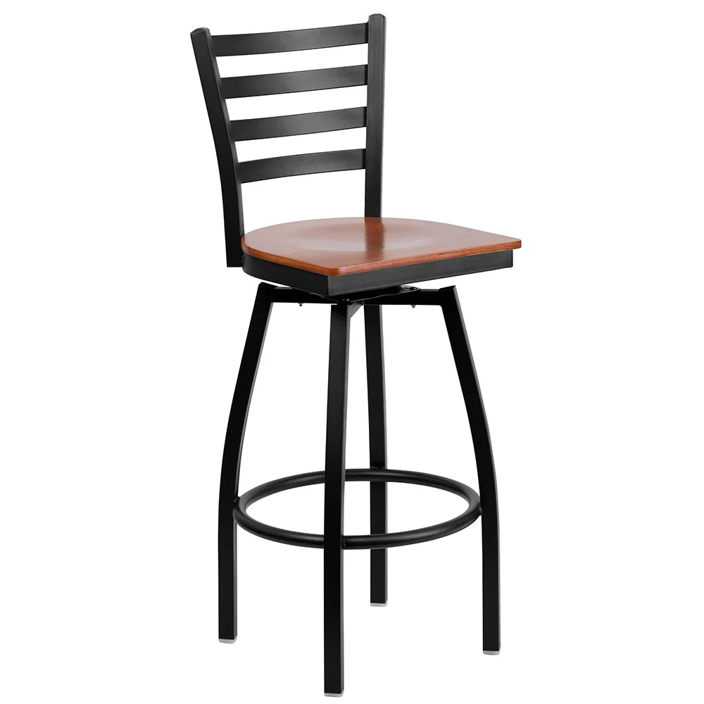 Commercial ladder-back swivel bar stool with cherry wood seat and black steel frame