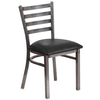 Three-quarter angled view of black steel ladder back restaurant chair with cushioned black vinyl seat designed for commercial use