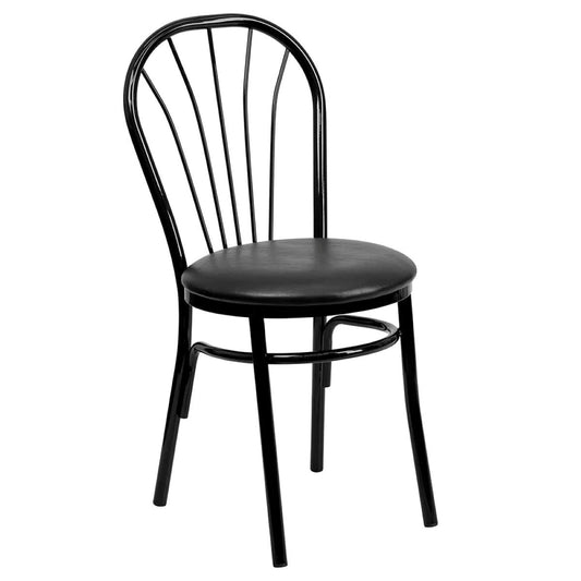 Black metal chair with wooden seat on a white background