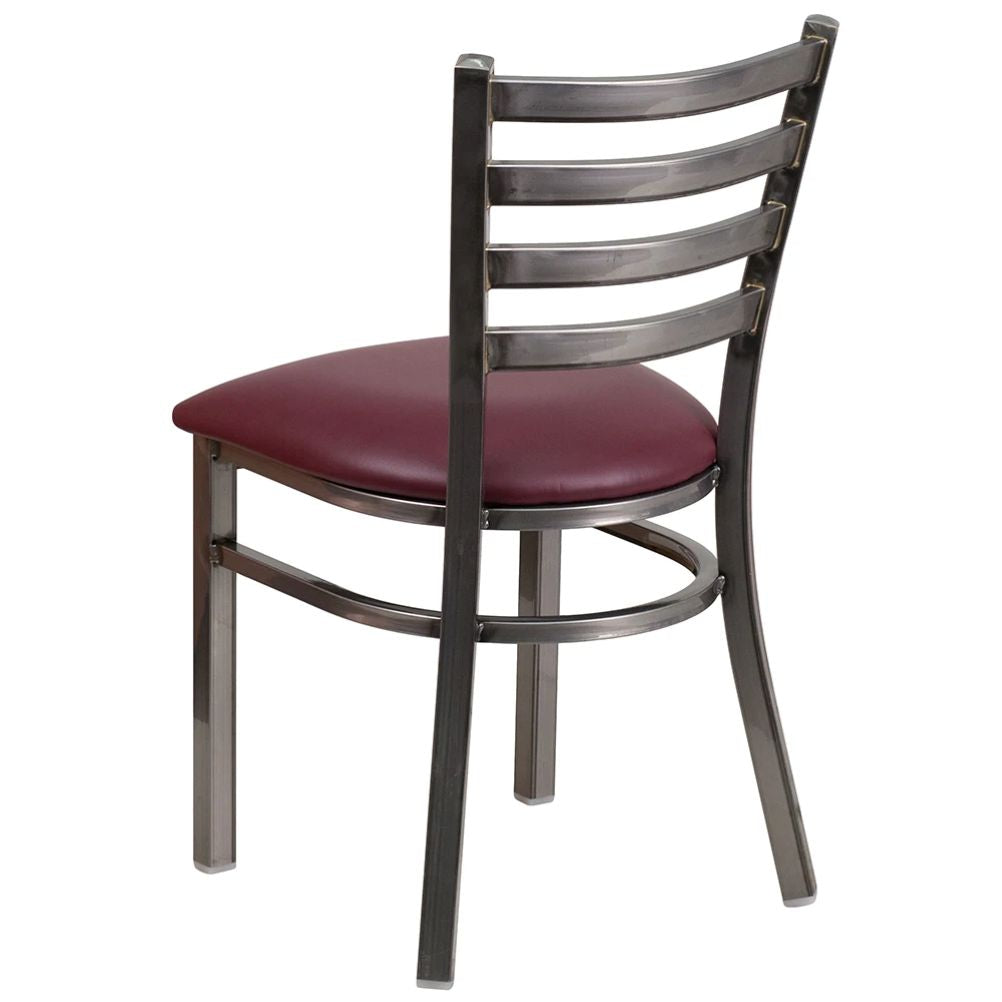 Rear  view of black metal ladder back chair with burgundy vinyl seat showing cushioned padding and durable steel construction.