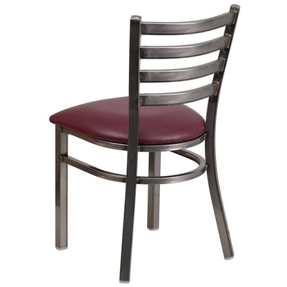 Rear  view of black metal ladder back chair with burgundy vinyl seat showing cushioned padding and durable steel construction.