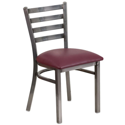Side profile of ladder back metal restaurant chair featuring a burgundy vinyl seat and black powder-coated frame.