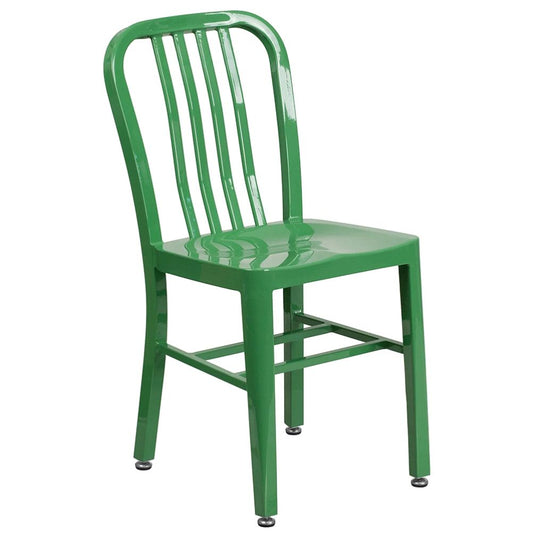Commercial metal restaurant chair in green powder-coated steel with vertical slat back, suitable for indoor or outdoor dining areas.