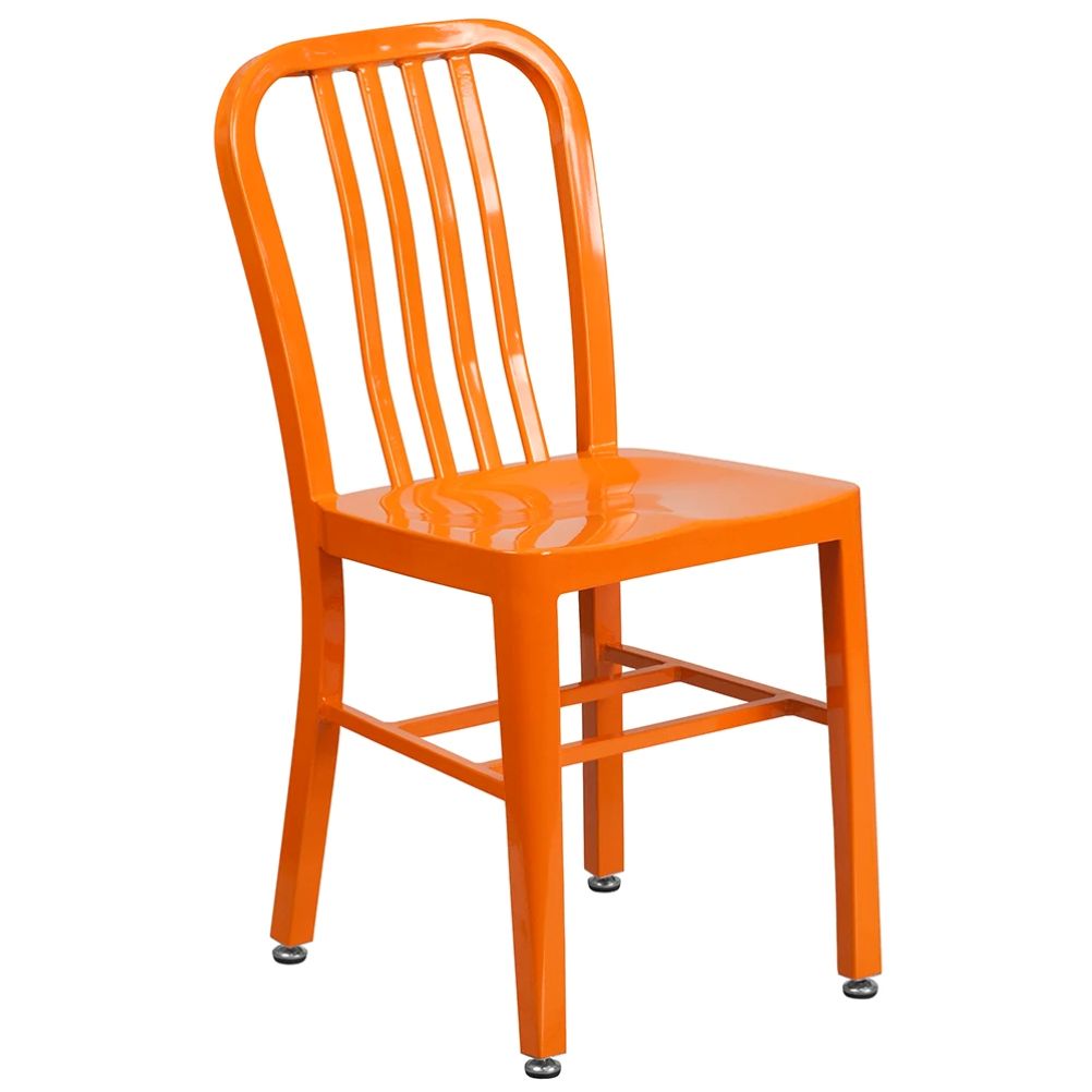 Commercial metal restaurant chair in orange powder-coated galvanized steel with vertical slat back for restaurants, patios, and cafés.