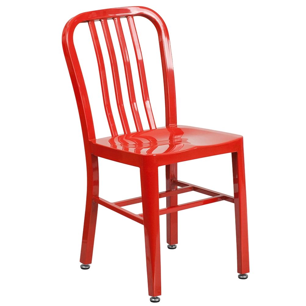 Commercial metal restaurant chair in red powder-coated steel with vertical slat back for indoor or outdoor commercial seating.