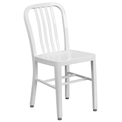 Commercial metal restaurant chair in white powder-coated galvanized steel with vertical slat back, ideal for patios, cafés, and dining spaces.

