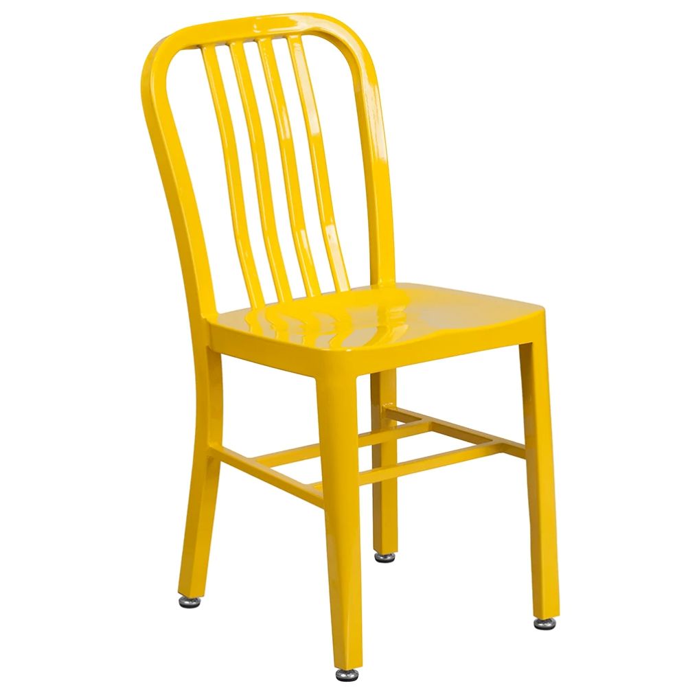 Commercial metal restaurant chair in yellow powder-coated steel featuring a vertical slat back for indoor or outdoor commercial use.