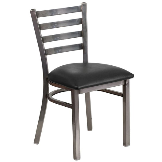 Front view of commercial metal ladder back restaurant chair with black powder-coated steel frame and black vinyl seat.