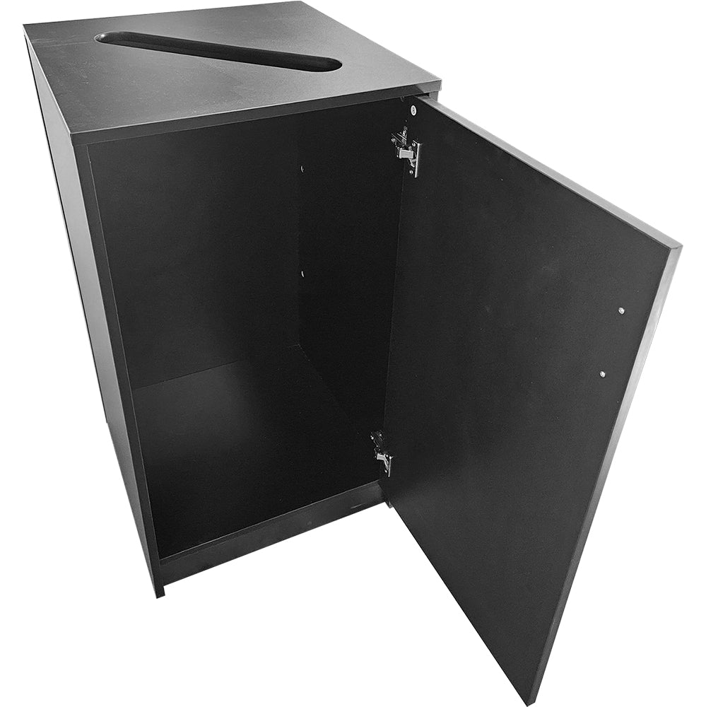 Black laminate paper recycling container with metal cam locks for easy assembly