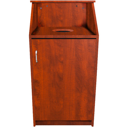 25-gallon waste receptacle with metal corner brackets and tray return shelf