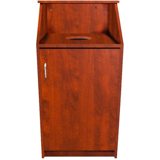 25-gallon waste receptacle with metal corner brackets and tray return shelf