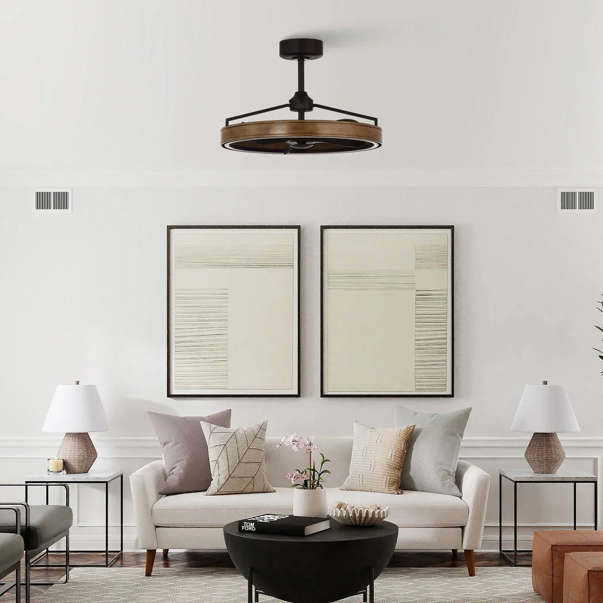 Farmhouse-style LED fandelier ceiling fan for cafés and small dining spaces