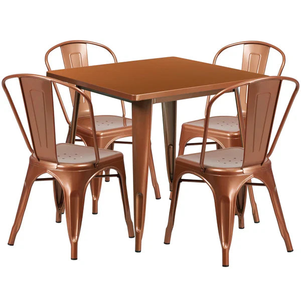 Copper color metal dining table set with stackable chairs for restaurants, bars, and cafés