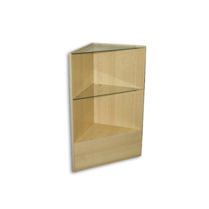 Maple finish option showing a light wood surface on the Counter Corner Case with adjustable tempered-glass shelves for small merchandise displays.