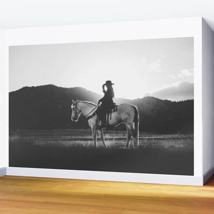 COWGIRL Wall Mural by Nicole Alexandria Prints installed in a rustic restaurant or bar – 12x8 foot vintage Western art mural for hospitality interiors