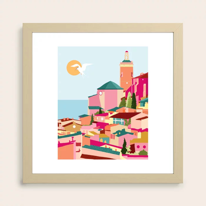 Crimson Rouge Greece Cityscape Art Print in maple frame – warm natural wood design perfect for casual bars, coastal restaurants, and welcoming hotel spaces