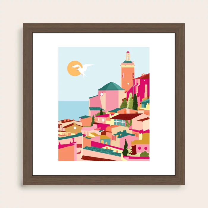 Crimson Rouge Greece Cityscape Art Print in walnut frame – rich wood tone artwork that complements sophisticated hotel suites, restaurant walls, and café interiors