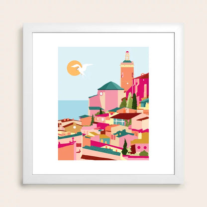 Crimson Rouge Greece Cityscape Art Print in white frame – bright modern artwork ideal for boutique hotels, airy cafés, and Mediterranean-style restaurant spaces
