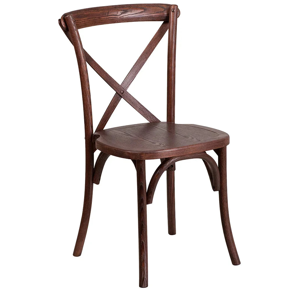 Front view of cross back ash wood dining chair with rich mahogany finish. Elegant restaurant or café chair made from solid wood with protective floor glides and stackable frame.