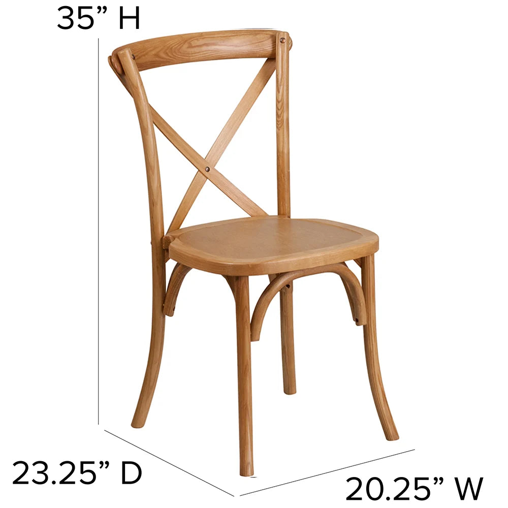 Cross back ash wood dining chair in oak finish, 20.25" W x 23.25" D x 35" H, solid wood frame, 400-lb capacity, stackable up to 8 high.