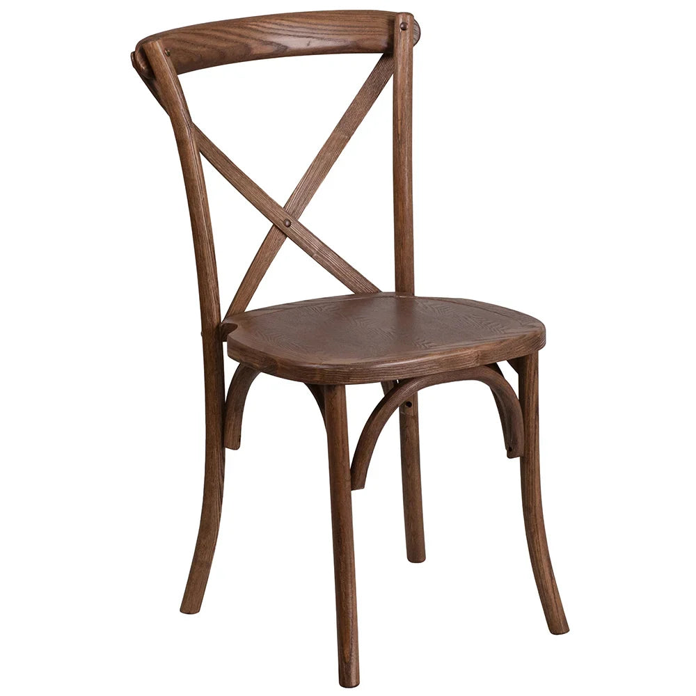 Front view of cross back ash wood dining chair with pecan finish. Commercial-grade ash wood frame with curved cross back and polished surface for warm, rustic dining interiors.