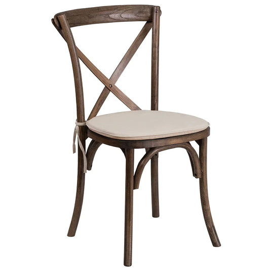Front view of cross back ash wood dining chair with early American brown finish and soft fabric cushion, solid wood frame, 400-lb capacity, stackable up to 8 high.
