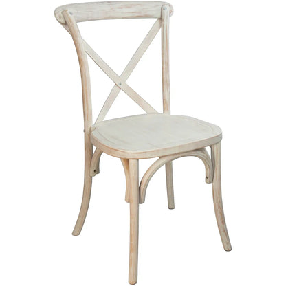 Alt Text:
Front view of cross back elmwood dining chair in white lime wash finish, 17.5" W x 21.5" D x 35" H, solid wood frame, stackable up to 8 high, 400-lb capacity.