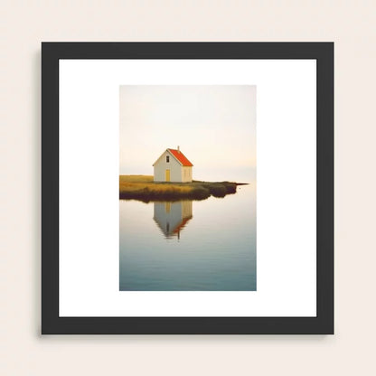 Cute Little Cabin In Iceland Art Print by Michael Schauer in black frame, modern Nordic landscape wall art perfect for restaurant lounges, hotel rooms, and café interiors.