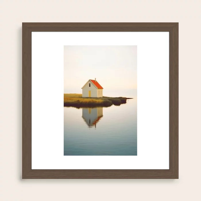 Cute Little Cabin In Iceland Art Print by Michael Schauer in walnut frame, warm wood wall art featuring a minimalist Icelandic cabin scene, perfect for restaurants and boutique hotels.