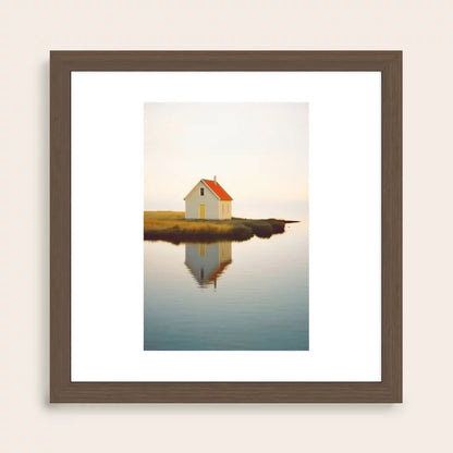 Cute Little Cabin In Iceland Art Print by Michael Schauer in walnut frame, warm wood wall art featuring a minimalist Icelandic cabin scene, perfect for restaurants and boutique hotels.