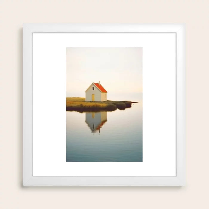 Cute Little Cabin In Iceland Art Print by Michael Schauer in white frame, Scandinavian-inspired wall décor ideal for coffee houses, boutique hotels, and modern restaurants.