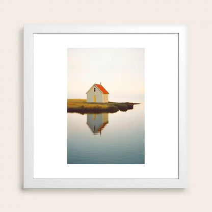Cute Little Cabin In Iceland Art Print by Michael Schauer in white frame, Scandinavian-inspired wall décor ideal for coffee houses, boutique hotels, and modern restaurants.