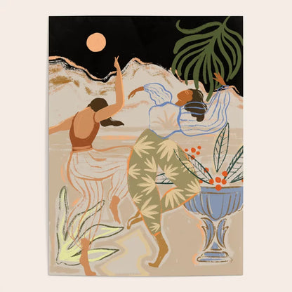 Dance Under the Moonlight modern boho art poster featuring abstract moonlit dancers in soft blue and beige tones.