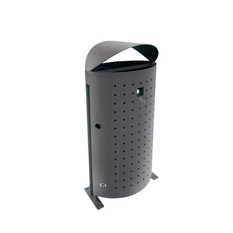 Textured steel outdoor litter bin with rain cover, integrated ashtray, and rectangular body treated for corrosion resistance.