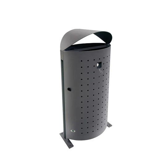 Textured steel outdoor litter bin with rain cover, integrated ashtray, and rectangular body treated for corrosion resistance.