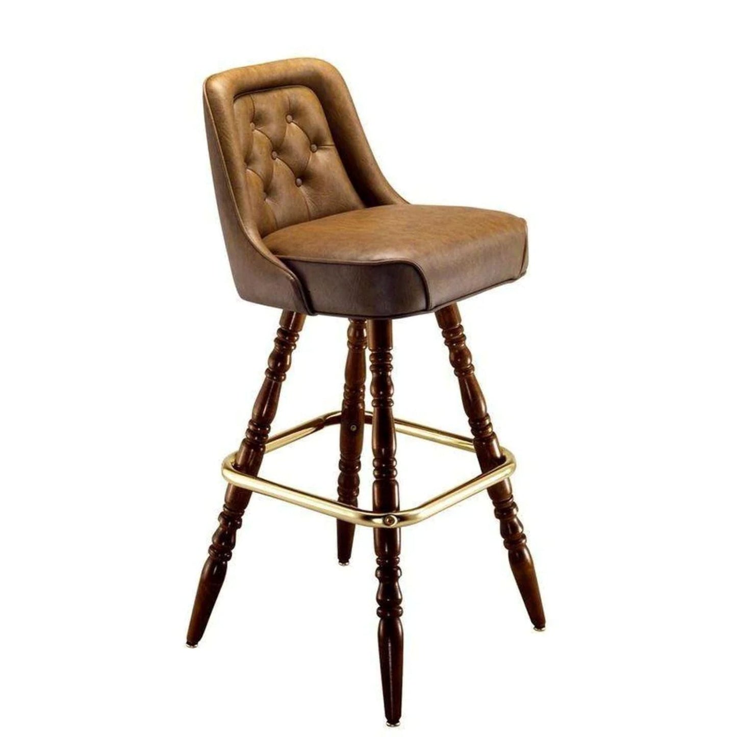 Premium bar stool with tufted upholstery, swivel seat, and decorative wood leg base