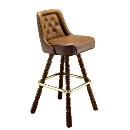 Luxury upholstered bar stool with detailed decorative wood legs and auto-return swivel