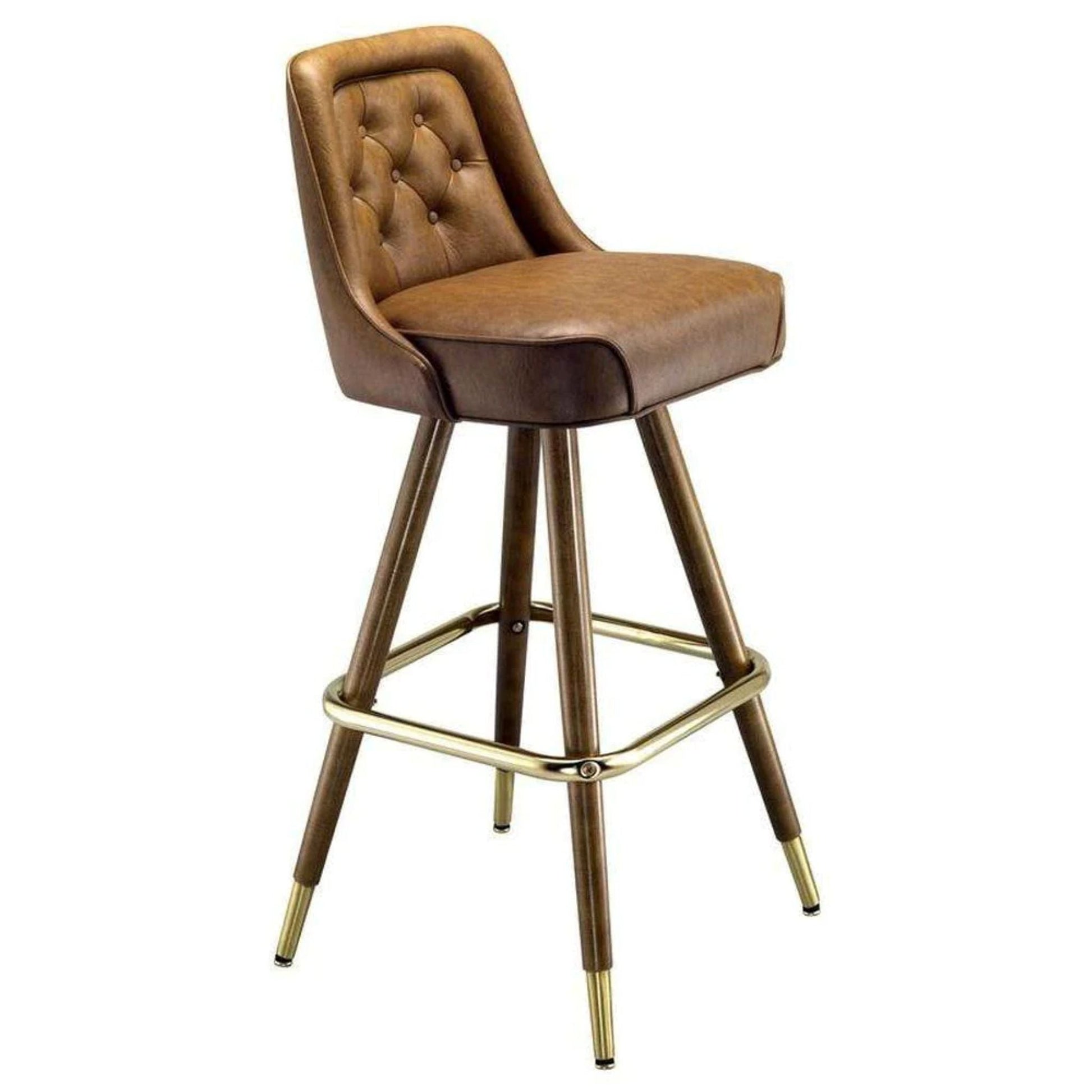 Upholstered Western-style bar stool with straight hand-spun wood legs and swivel seat