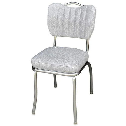 Front view of cracked ice grey retro diner chair with chrome frame and sewn channel backrest ideal for restaurants and hotels.