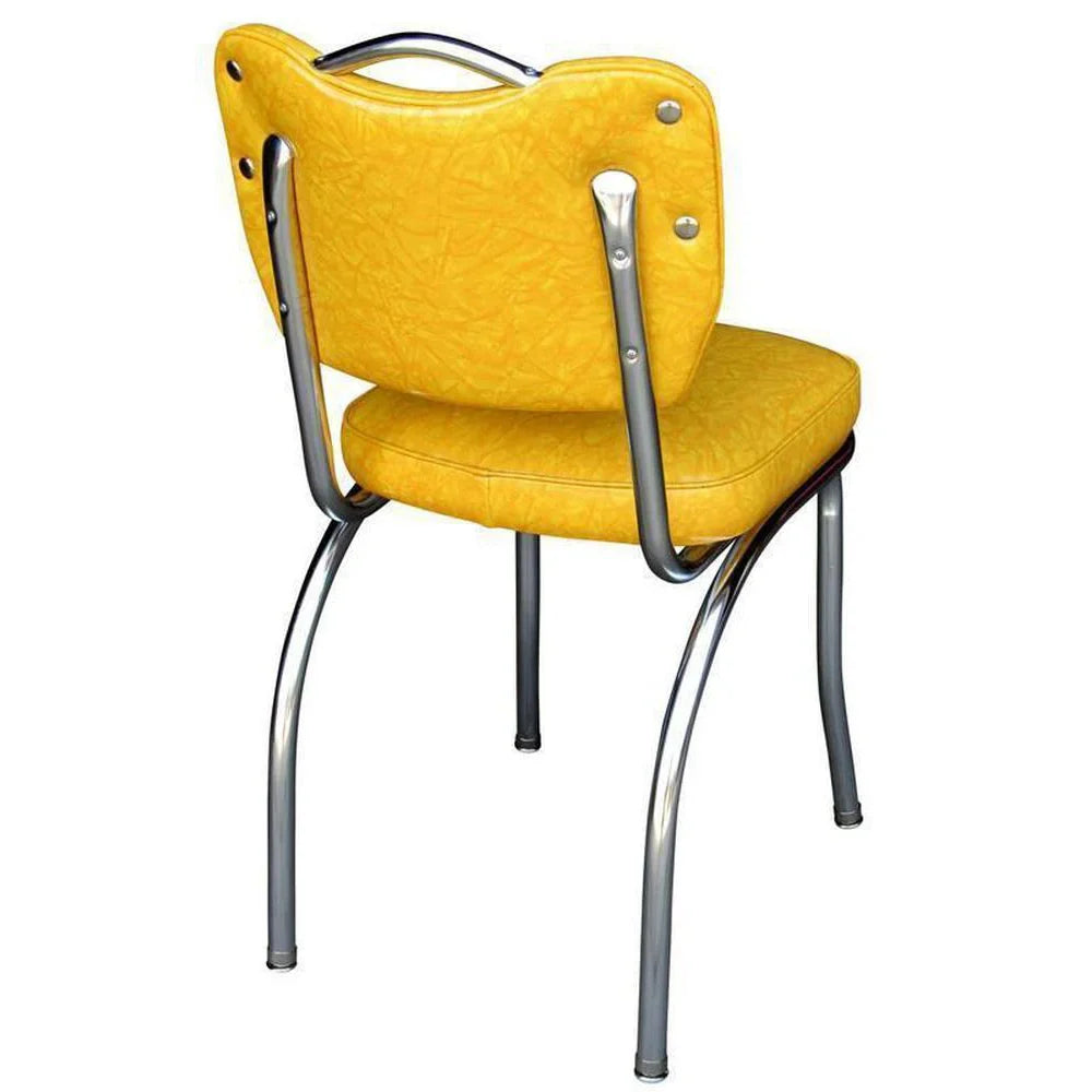 Back view of cracked ice yellow handle back diner chair showing sewn channel design and chrome handle for easy movement.