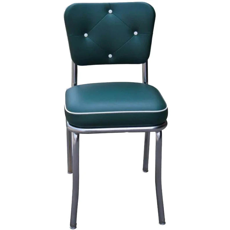 Green and white retro diner chair with diamond tufting and commercial-grade construction for hospitality environments.